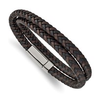 Chisel Stainless Steel Polished Black and Brown Braided Leather Wrap Bracelet, 15.75" view 1