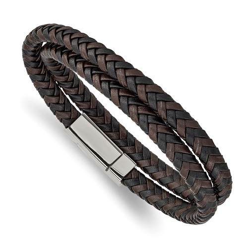 Chisel Stainless Steel Polished Black and Brown Braided Leather Wrap Bracelet, 15.75"