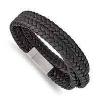 Chisel Stainless Steel Brushed Black Braided Leather Wrap Bracelet, 23" view 1