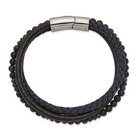 Chisel Stainless Steel Polished Multi Strand Blue Chalcedony and Tiger's Eye Beaded Black and Blue Leather Bracelet, 8.25" view 2