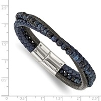 Chisel Stainless Steel Polished Multi Strand Blue Chalcedony and Tiger's Eye Beaded Black and Blue Leather Bracelet, 8.25" view 3