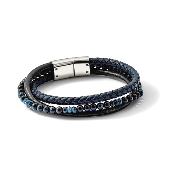 Chisel Stainless Steel Polished Multi Strand Blue Chalcedony and Tiger's Eye Beaded Black and Blue Leather 8.25 inch Bracelet