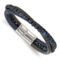 Chisel Stainless Steel Polished Multi Strand Blue Chalcedony and Tiger's Eye Beaded Black and Blue Leather Bracelet, 8.25" view 1