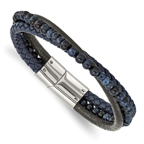 Chisel Stainless Steel Polished Multi Strand Blue Chalcedony and Tiger's Eye Beaded Black and Blue Leather Bracelet, 8.25"