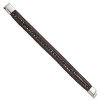 Chisel Stainless Steel Polished Multi Strand Red Tiger's Eye Beaded Brown Leather Bracelet, 8.25" view 2