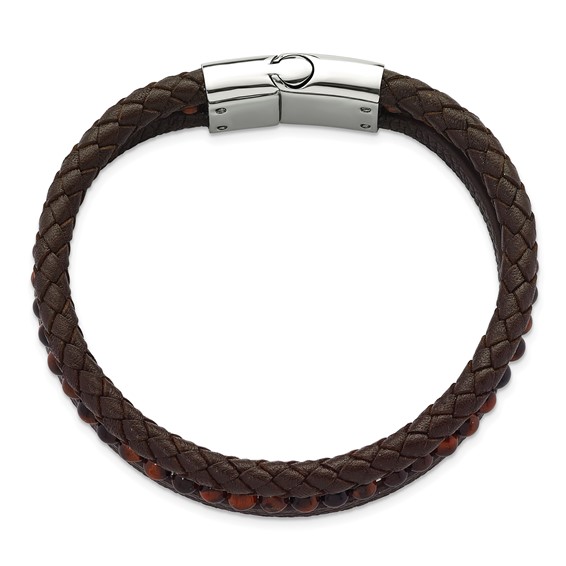 Chisel Stainless Steel Polished Multi Strand Tiger's Eye Beaded Brown Leather 8.25 inch Bracelet