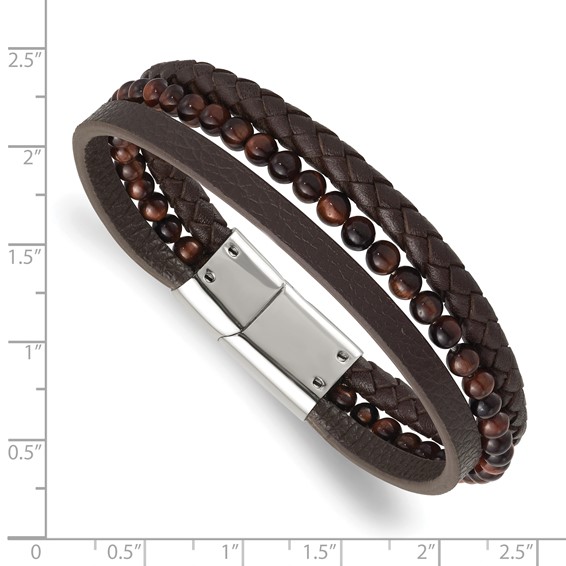 Chisel Stainless Steel Polished Multi Strand Tiger's Eye Beaded Brown Leather 8.25 inch Bracelet