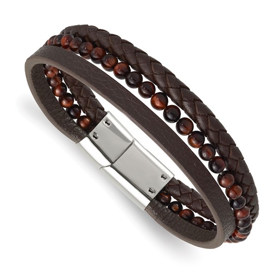 Chisel Stainless Steel Polished Multi Strand Tiger's Eye Beaded Brown Leather 8.25 inch Bracelet