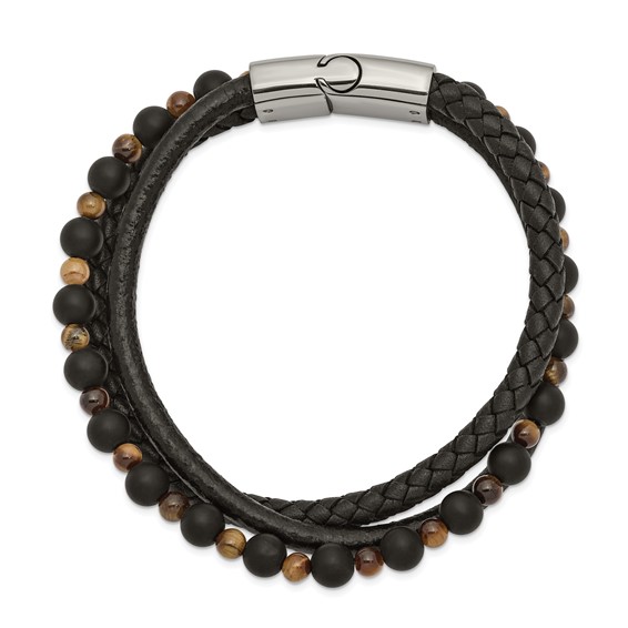 Chisel Stainless Steel Polished Multi Strand Tiger's Eye and Black Agate Beaded Black Leather 8.25 inch Bracelet