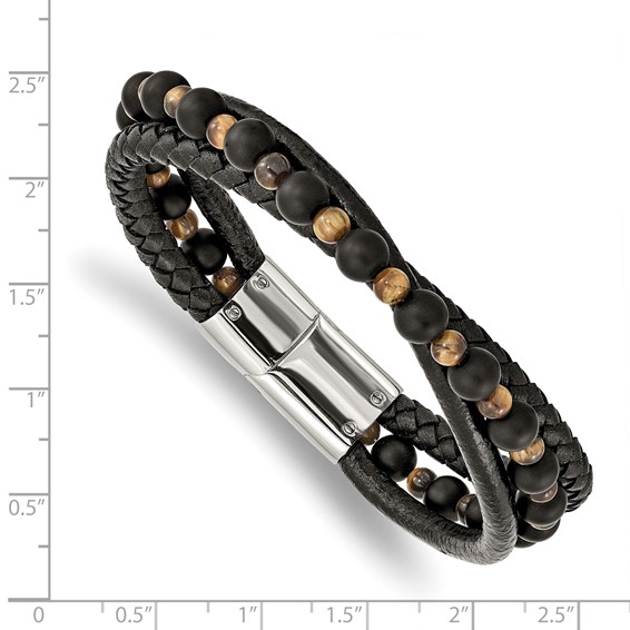 Chisel Stainless Steel Polished Multi Strand Tiger's Eye and Black Agate Beaded Black Leather 8.25 inch Bracelet