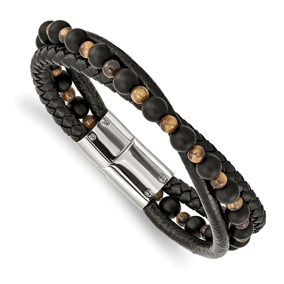 Chisel Stainless Steel Polished Multi Strand Tiger's Eye and Black Agate Beaded Black Leather 8.25 inch Bracelet