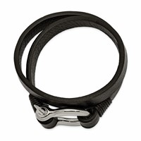 Chisel Stainless Steel Polished Shackle Textured Black Leather Wrap Bracelet, 16" view 2