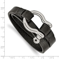 Chisel Stainless Steel Polished Shackle Textured Black Leather Wrap Bracelet, 16" view 3