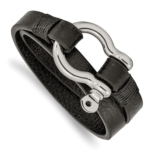 Chisel Stainless Steel Polished Shackle Textured Black Leather Wrap Bracelet, 16"