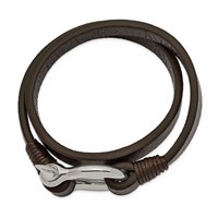 Chisel Stainless Steel Polished Shackle Brown Leather Wrap Bracelet, 16" view 2