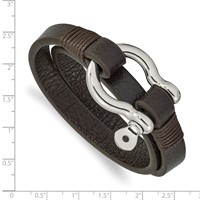 Chisel Stainless Steel Polished Shackle Brown Leather Wrap Bracelet, 16" view 3