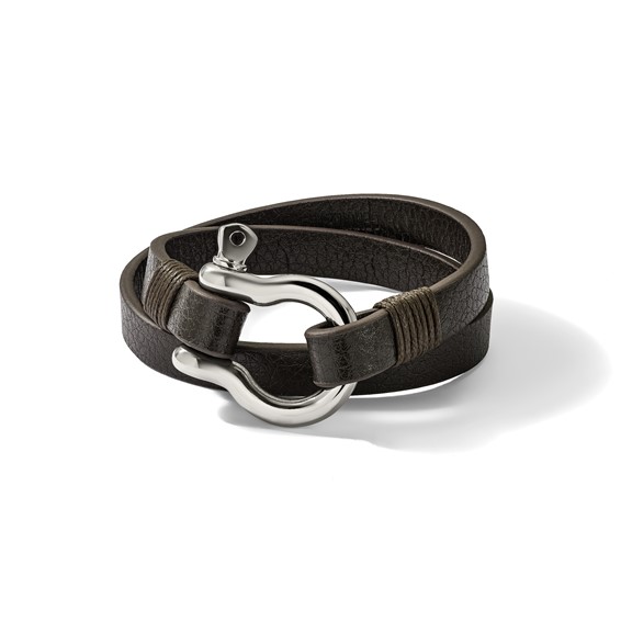 Chisel Stainless Steel Polished Shackle Brown Leather 16 inch Wrap Bracelet