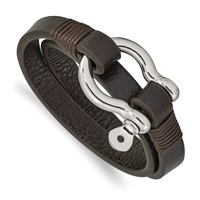 Chisel Stainless Steel Polished Shackle Brown Leather Wrap Bracelet, 16" view 1