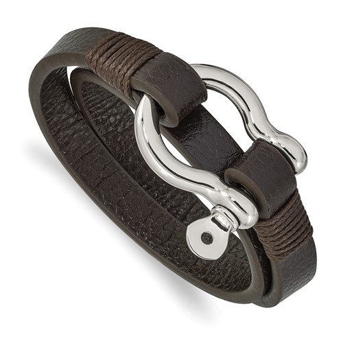 Chisel Stainless Steel Polished Shackle Brown Leather Wrap Bracelet, 16"