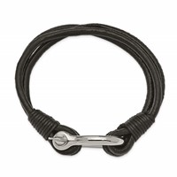Chisel Stainless Steel Polished Shackle Multi Strand Black Leather Bracelet, 8.5" view 2