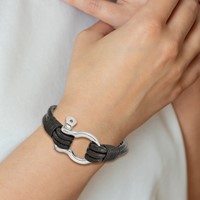 Chisel Stainless Steel Polished Shackle Multi Strand Black Leather Bracelet, 8.5" view 4