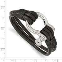 Chisel Stainless Steel Polished Shackle Multi Strand Black Leather Bracelet, 8.5" view 3