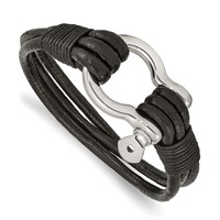 Chisel Stainless Steel Polished Shackle Multi Strand Black Leather Bracelet, 8.5" view 1