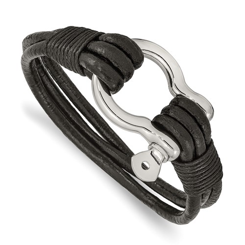 Chisel Stainless Steel Polished Shackle Multi Strand Black Leather Bracelet, 8.5"