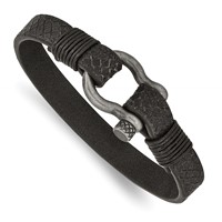 Chisel Stainless Steel Antiqued White Bronze Plated Shackle Textured Black Leather Bracelet, 8" view 1