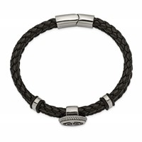 Chisel Stainless Steel Antiqued and Polished Compass Braided Black Leather Bracelet, 8" view 2