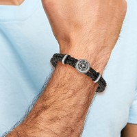 Chisel Stainless Steel Antiqued and Polished Compass Braided Black Leather Bracelet, 8" view 4