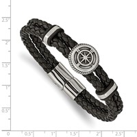 Chisel Stainless Steel Antiqued and Polished Compass Braided Black Leather Bracelet, 8" view 3