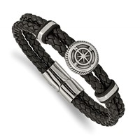 Chisel Stainless Steel Antiqued and Polished Compass Braided Black Leather Bracelet, 8" view 1