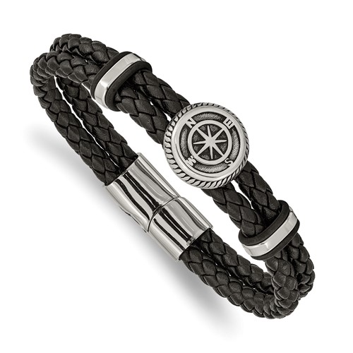 Chisel Stainless Steel Antiqued and Polished Compass Braided Black Leather Bracelet, 8"