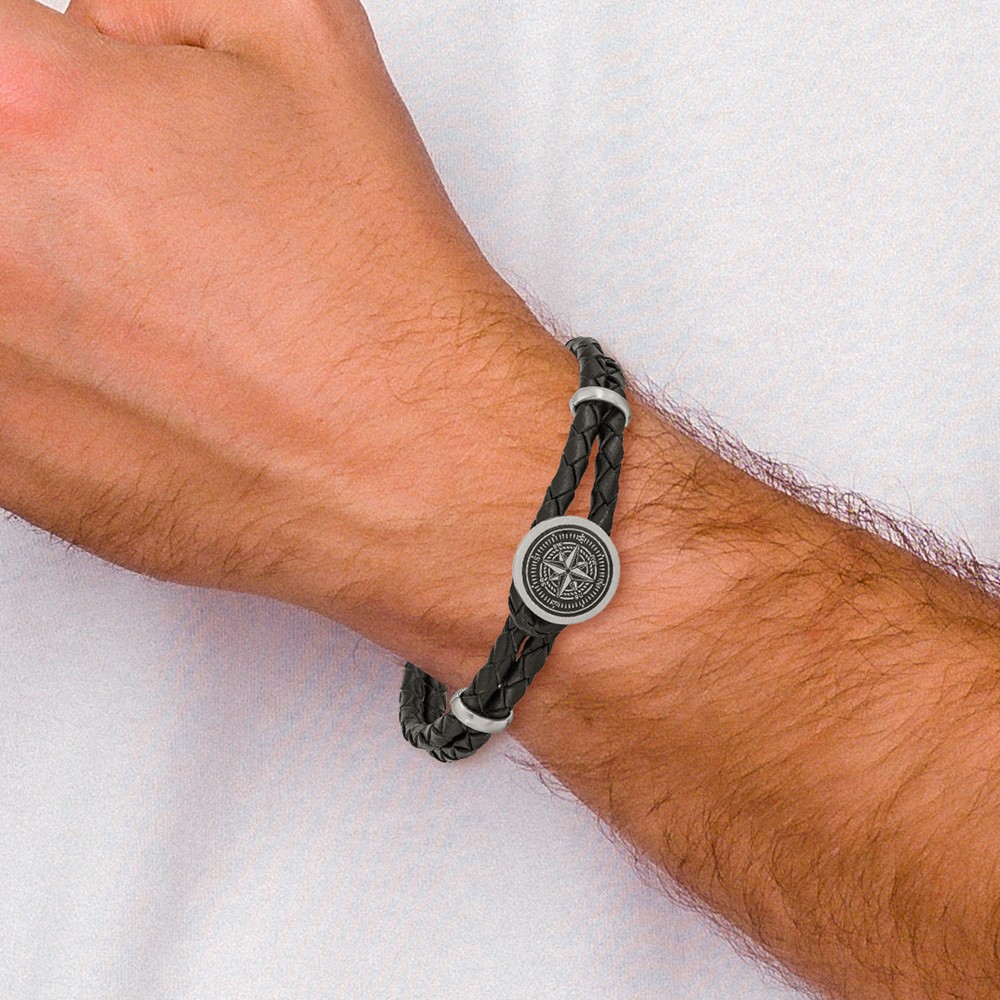Stainless Steel Brushed Compass Black Woven Leather 8.5 inch Bracelet Stainless Steel Brushed Compass Black Woven Leather 8.5 inch Bracelet