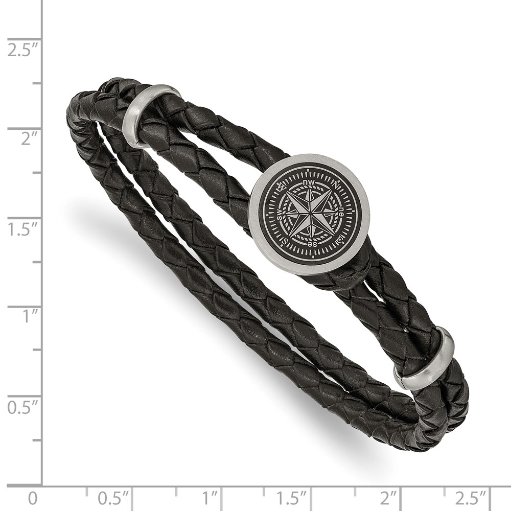 Stainless Steel Brushed Compass Black Woven Leather 8.5 inch Bracelet Stainless Steel Brushed Compass Black Woven Leather 8.5 inch Bracelet