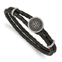 Chisel Stainless Steel Brushed Laser Design Compass Black Woven Leather Bracelet, 8.5" view 1