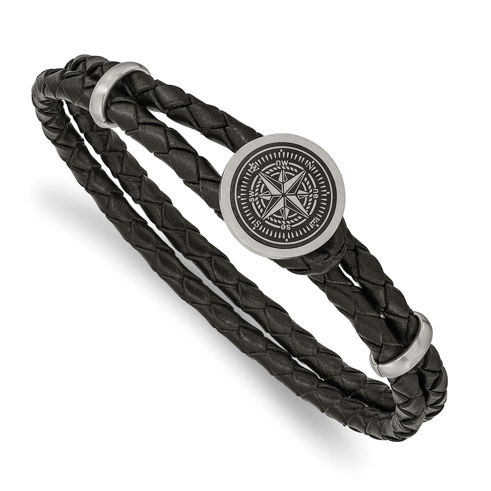 Stainless Steel Brushed Compass Black Woven Leather 8.5 inch Bracelet Stainless Steel Brushed Compass Black Woven Leather 8.5 inch Bracelet