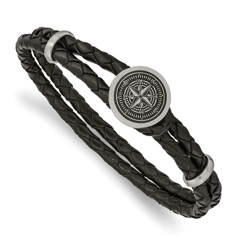 Chisel Stainless Steel Brushed Laser Design Compass Black Woven Leather Bracelet, 8.5"