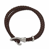 Chisel Stainless Steel Polished Brown Braided Leather Bracelet, 8" view 2