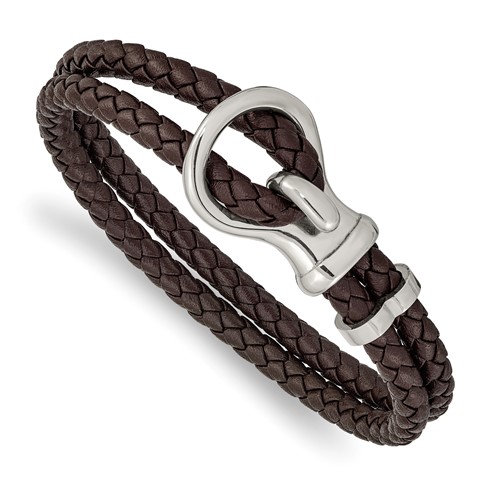 Chisel Stainless Steel Polished Brown Braided Leather Bracelet, 8"