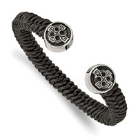 Chisel Stainless Steel Antiqued and Polished Black Leather Celtic Cross Cuff Bangle view 1
