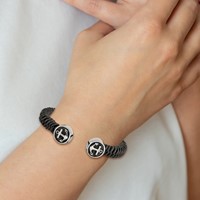 Chisel Stainless Steel Antiqued and Polished Black Leather Anchor Cuff Bangle view 4