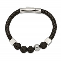 Chisel Stainless Steel Polished Bracelet with Lava Stone Beads Black Leather, 8" view 2