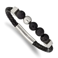 Chisel Stainless Steel Polished Bracelet with Lava Stone Beads Black Leather, 8" view 1
