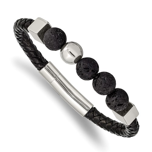 Chisel Stainless Steel Polished Bracelet with Lava Stone Beads Black Leather, 8"