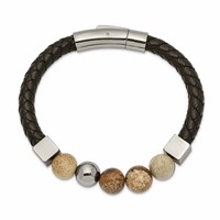 Chisel Stainless Steel Polished Bracelet with Brown Jasper Beads Black Leather, 8" view 2
