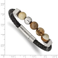 Chisel Stainless Steel Polished Bracelet with Brown Jasper Beads Black Leather, 8" view 3