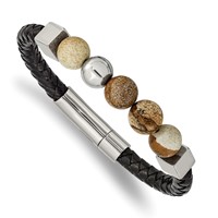 Chisel Stainless Steel Polished Bracelet with Brown Jasper Beads Black Leather, 8" view 1