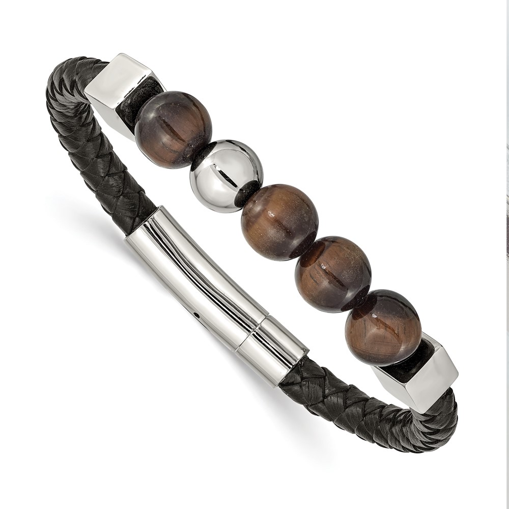 Stainless Steel Polished w/Tiger's Eye Beads Black Leather 8in Bracelet